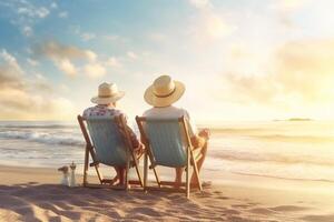 Senior couple sitting chairs and watching the sunset on the beach Ai Generated photo