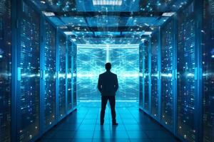 Back view of businessman standing in server room with binary code. Innovation concept photo