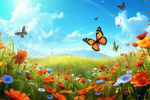 verano prado con flores y mariposa. naturaleza antecedentes. 3d hacer ai generativo foto