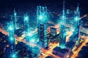 Modern Aerial view of modern city at night. 3D Rendering photo