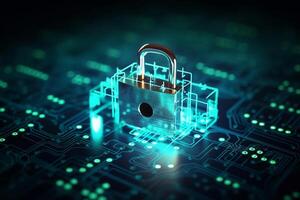 Padlock icon on blurred cityscape background, cyber security concept. double exposure photo