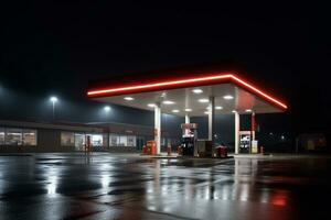gas estación a noche. repostaje de gasolina a gas estación ai generado foto