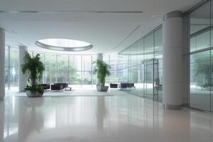 Interior of modern office with white walls, tiled floor, panoramic windows and daylight. 3d rendering Ai Generative photo