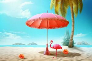 Pink flamingo with umbrella on the beach. 3d illustration.  Ai Generative photo