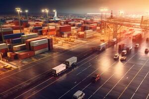 Digital Industrial Container Cargo freight ship with working crane bridge for Logistic Import Export photo