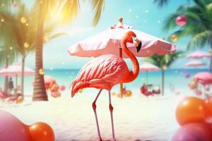 Pink flamingo with umbrella on the beach. 3d illustration. photo