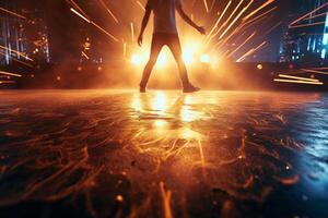 DJ in headphones dancing on a nightclub party with lights in the background photo
