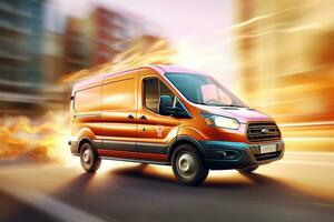 Van on the road with motion blur background. 3d illustration. Ai Generated photo
