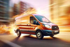 Van on the road with motion blur background. 3d illustration. photo