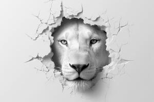 Lion head through a hole in the wall - black and white Ai Generative photo