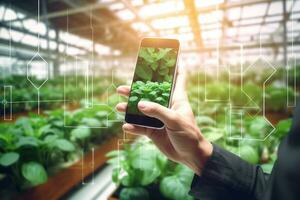 Green sprouts in a greenhouse with neon lights. 3d rendering Ai Generated photo