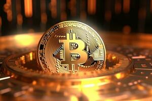 Golden bitcoin on a wooden table. 3d illustration. Cryptocurrency. Ai Generated  Ai Generated photo