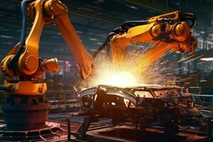 Industrial robot working in automotive manufacturing plant. Automotive industry. Ai Generative photo