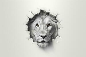 león cabeza mediante un agujero en el pared - negro y blanco ai generativo foto
