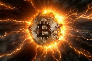 Bitcoin on a lightning background. Digital currency. Cryptocurrency. Ai Generated photo