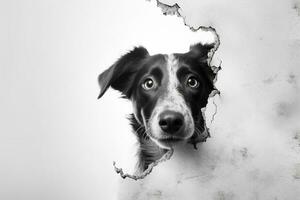 Funny black and white border collie looking through hole in paper Ai Generative photo