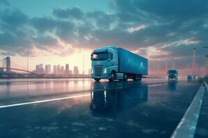 Truck with container on the highway at sunset. 3d rendering photo