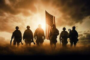 Silhouettes of soldiers on the background of the flag of the United States of America Ai Generated photo