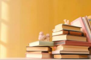 Stack of books on wooden table against color background. Back to school Ai Generated photo