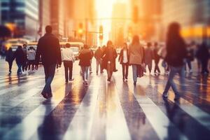 Blurred image of business people walking in the lobby of a modern office building photo