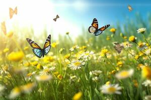 primavera prado con flores y mariposas naturaleza antecedentes. 3d representación ai generativo foto