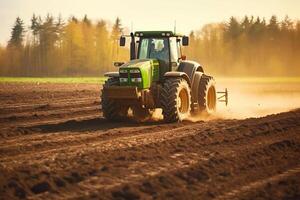 granjero en tractor preparando tierra con semillero cultivador a primavera generativo ai foto