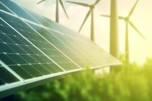Green energy background with wind turbines and solar panels. 3D rendering photo