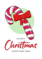 Christmas poster with lettering Merry Christmas and Happy New Year. Candy cane with bow. Cartoon vector