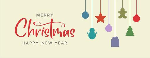 Banner with Merry Christmas and Happy New Year lettering and colorful christmas decorations vector