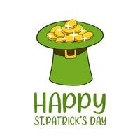 St. Patrick's Day lettering and top hat filled with gold. Greeting card concept vector