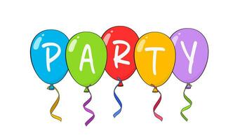 Party lettering with colorful balloons and ribbons. Cartoon vector