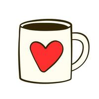 White mug with a red heart-shaped label. Valentine's day. Flat icon vector