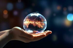 Hands holding a glowing globe on dark background. 3d rendering photo