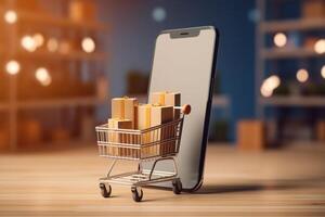 Shopping online concept. Smartphone with boxes in shopping cart on shelf background. Ai Generated photo