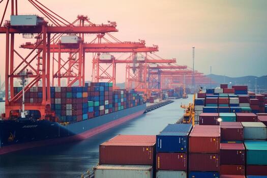 Container Cargo freight ship with working crane bridge at dusk for Logistic Import Export background photo