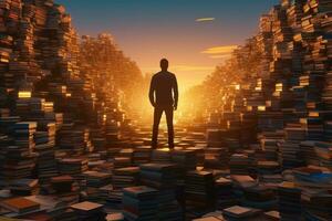 Businessman standing in front of a lot of books. 3D rendering sunset view illutration photo