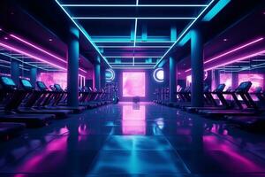 Futuristic gym interior with neon lights. 3D Rendering Ai Generative photo