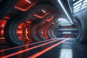 3d rendering. Futuristic corridor with glowing neon lights. Sci-fi interior  Ai Generative photo