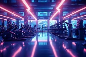 Futuristic gym interior with neon lights. 3D Rendering Ai Generative photo
