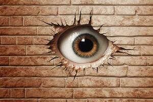 Eye looking through a hole in brick red wall. Conceptual image. Ai Generative photo