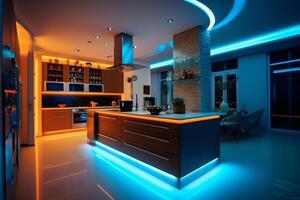 interior of modern kitchen with blue glowing lights. 3d rendering Ai Generative photo