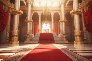 el rojo alfombra a el Entrada a el palacio, 3d hacer ai generativo foto