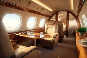 Modern Interior of airplane with seats and window view. 3d rendering Ai Generated photo