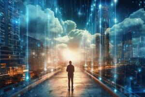 Back view of businessman looking at night city and binary code concept. 3D Rendering photo