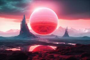 Fantasy alien planet. Mountain and lake. 3D illustration. Ai Generated photo