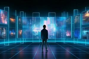 Man in front of a futuristic screen with technology elements, 3D rendering Ai Generative photo