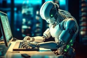 Robot working on computer in dark office. 3D rendering. Ai Generative photo