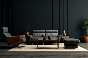 Interior of modern living room with black walls, carpet, black sofa and coffee table. 3d render Ai Generative photo