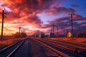 ferrocarril a puesta de sol. ferrocarril pistas en un antecedentes de azul cielo. ai generado foto