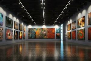 3d hacer de moderno Arte galería interior con pinturas en el pared ai generado foto
